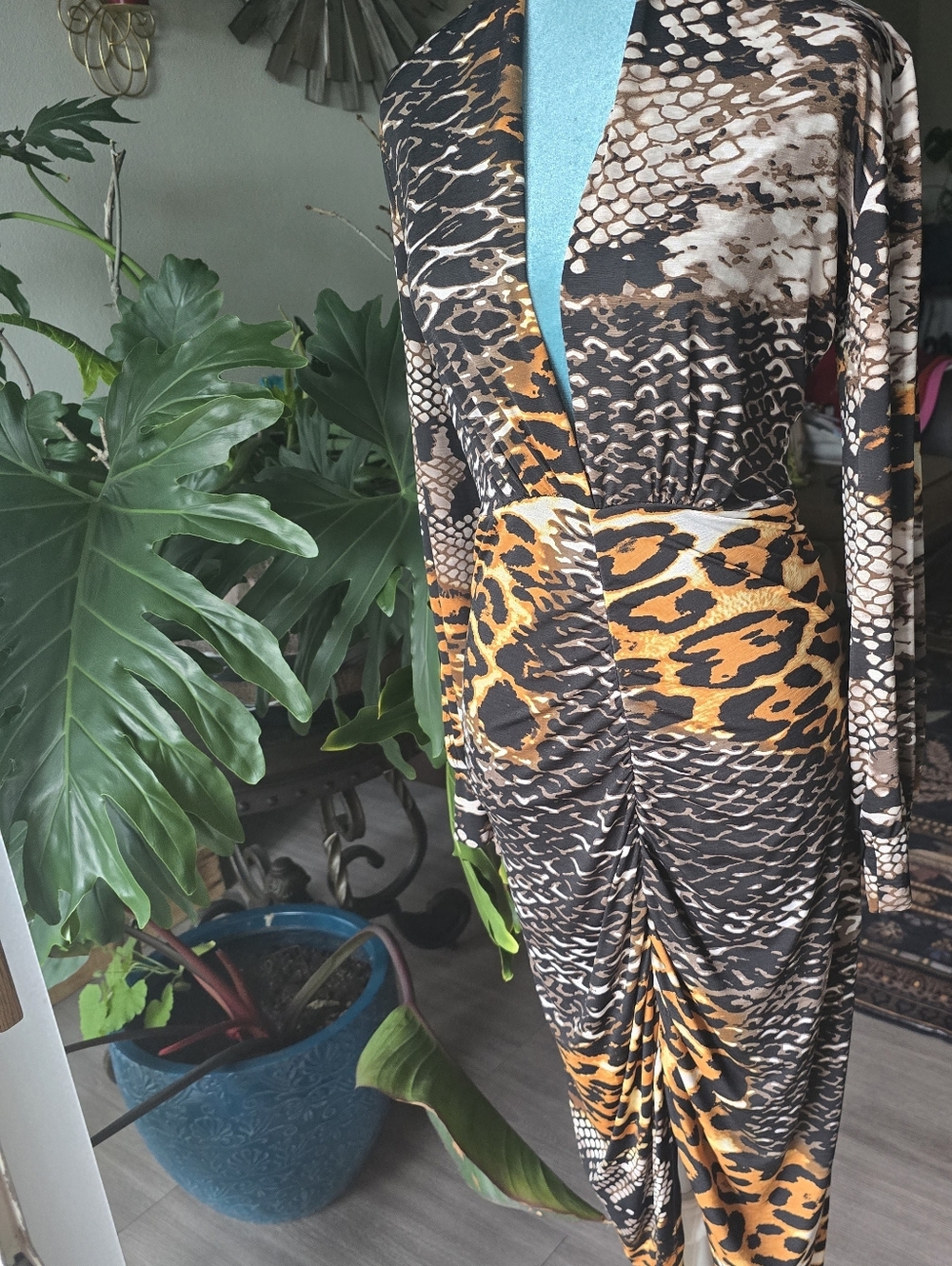 Ruched Animal-Print Jumpsuit in Brown & Orange